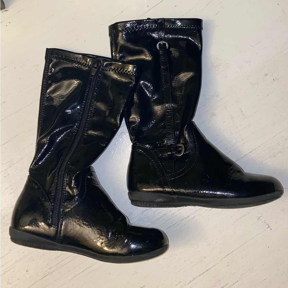 Girls Tall boots black size 11 Shiny zip Patent leather Rain Water Resistant
